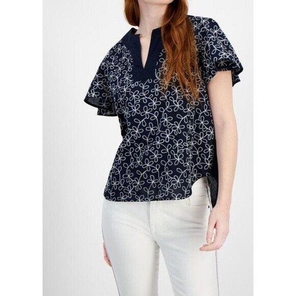Tommy Hilfiger Women's Embroidered Cotton Flutter-Sleeve Top Midnight Blue S - Picture 1 of 9